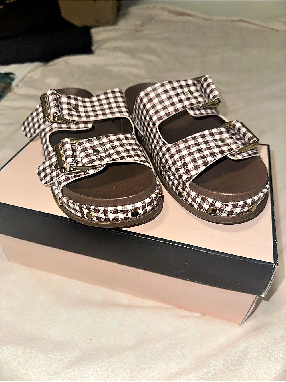 BCBGeneration Bamba Checkered Slide Sandals Brown & White US 9.5